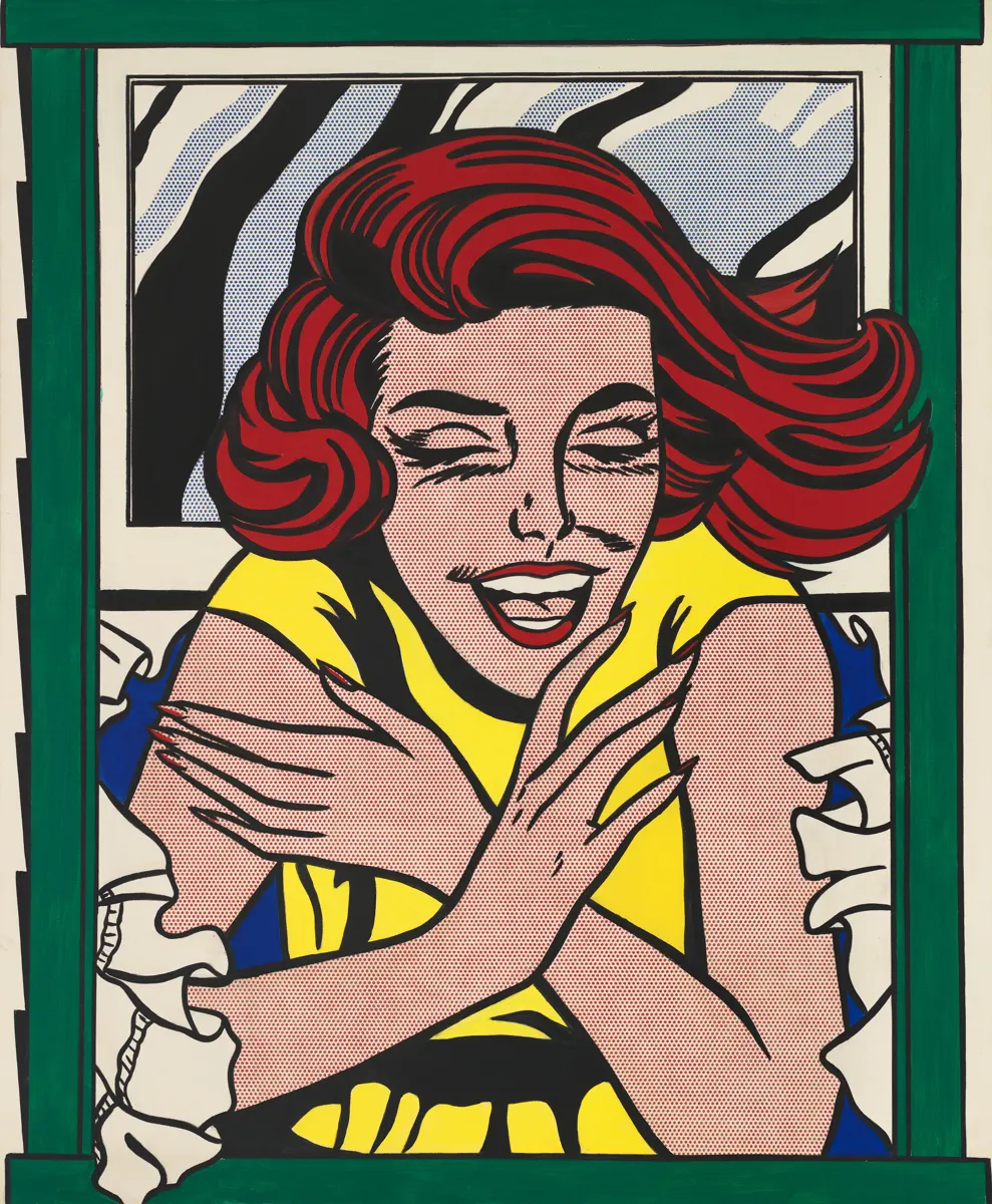 Roy Lichtenstein, „Mergina lange“ (studija pasaulinės parodos sienų paveikslui), 1963 m.: raudonplaukė besijuokianti moteris žaliame lango rėme
