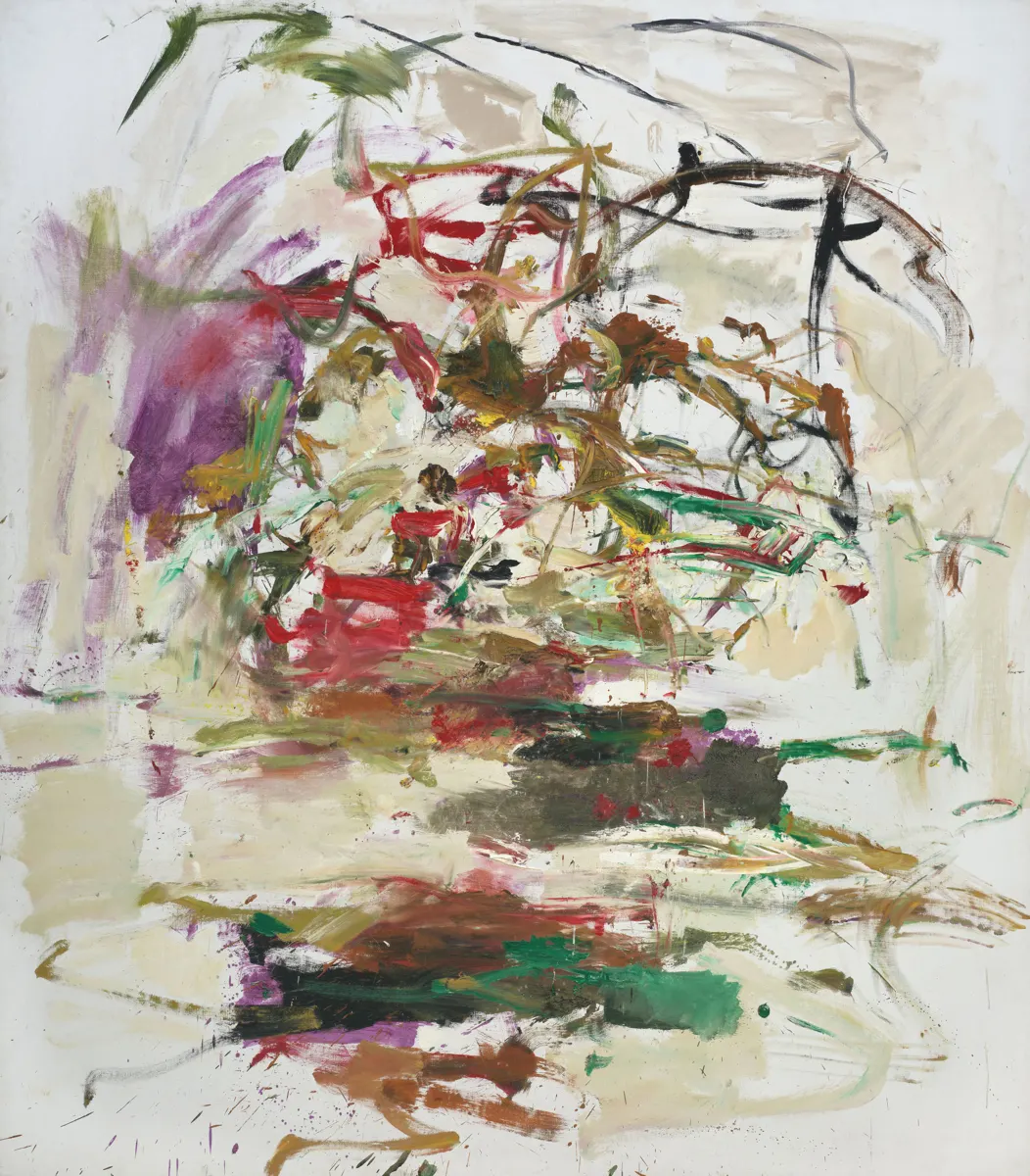 Joan Mitchell, „Green Book of Barbara Guest“, 1960 m.: abstrakti drobė su violetiniais, raudonais, žaliais ir rudais potėpiais šviesiame fone