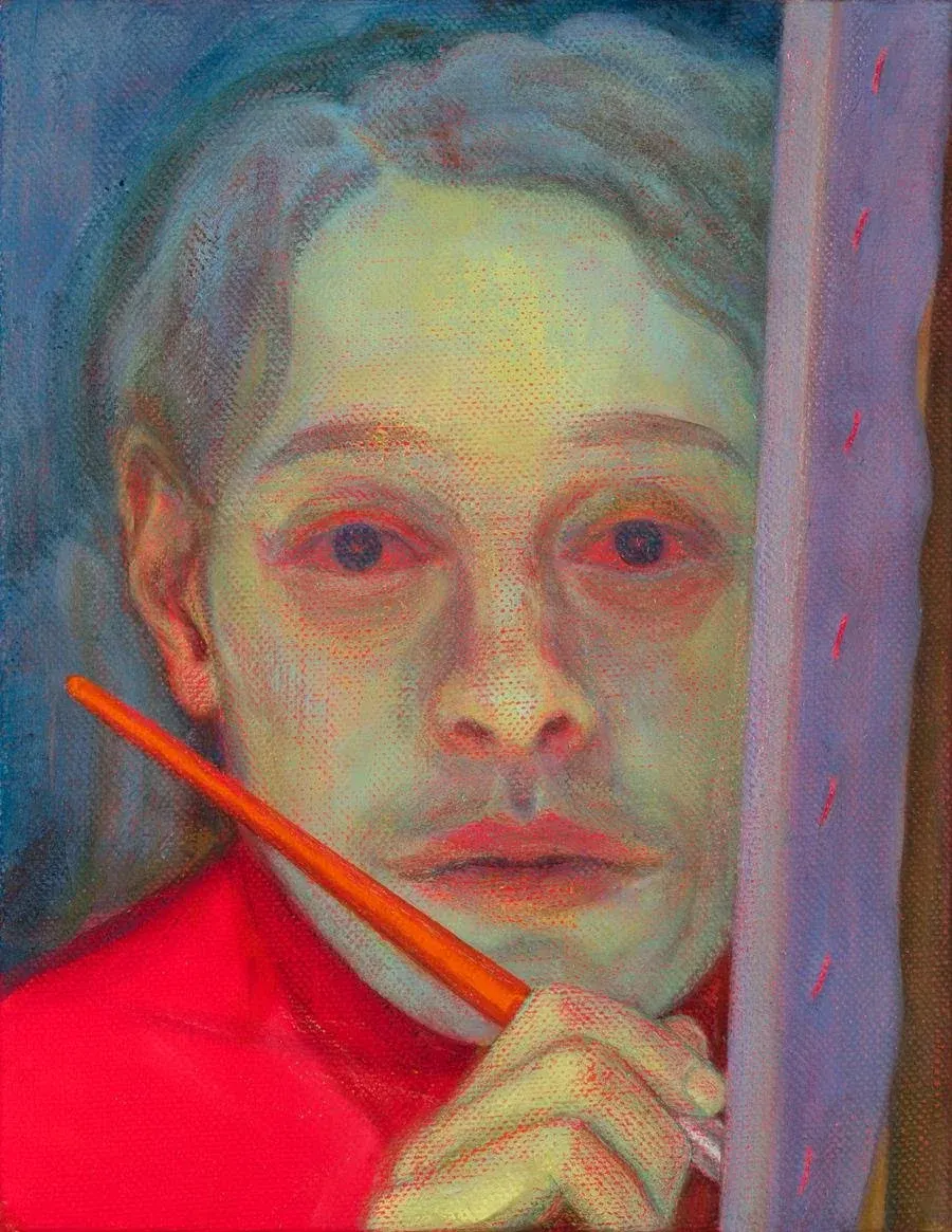 Steveno Shearerio paveikslas „Working from Life“, 2018 m.: tapytojas su teptuku rankoje