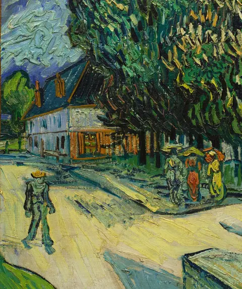 Vincent van Gogh, „Châtaignier en fleurs roses et blanches“ (1890), fragmentas: žydintis kaštonas ir namas Auvers-sur-Oise