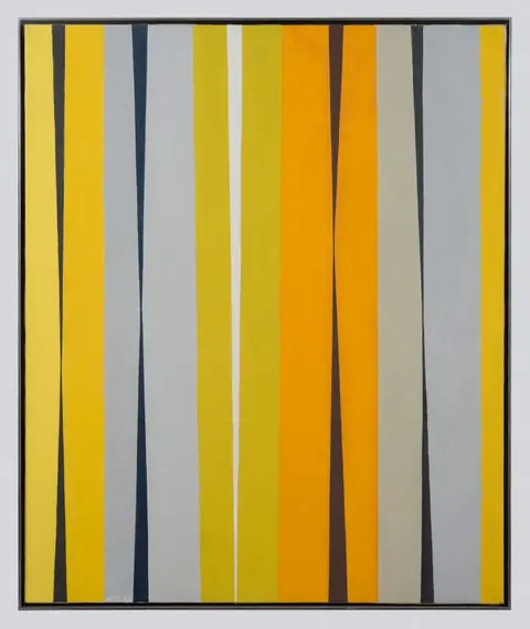 Alice Trumbull Mason, „The Saffron Pitch“, 1963: geltonos, oranžinės, pilkos ir tamsios vertikalios juostos