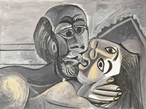 Pablo Picasso „Bučinys“ (1969): pilkų tonų paveikslas, kuriame vyras su barzda bučiuoja moterį