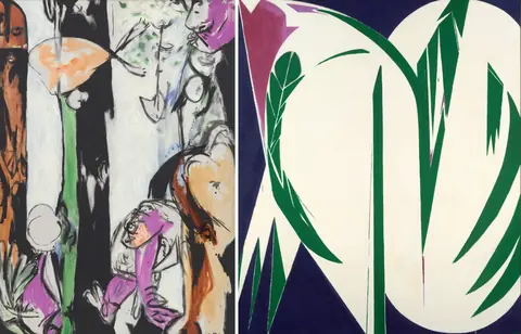 Kairėje Jacksono Pollocko „Easter and the Totem“ (1953), dešinėje Lee Krasner „Rising Green“ (1972)