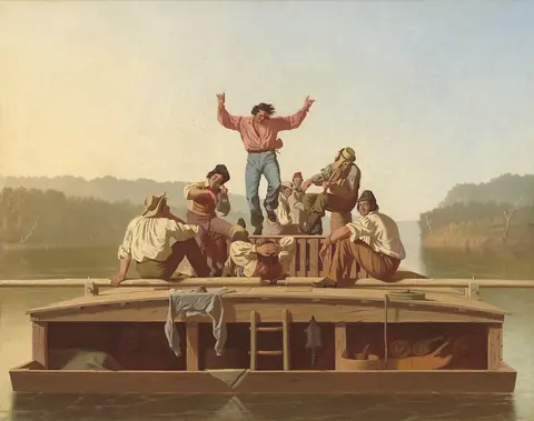 George Caleb Bingham, „Linksmieji plukdytojai“ (The Jolly Flatboatmen), 1846