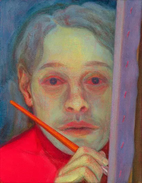 Steveno Shearerio paveikslas „Working from Life“, 2018 m.: tapytojas su teptuku rankoje